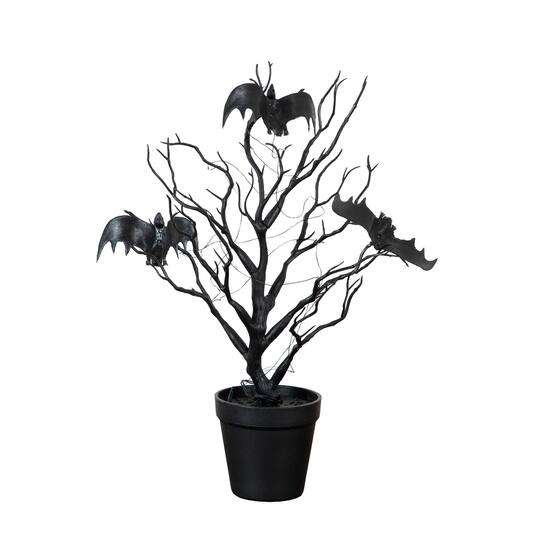 16" Pre-Lit Artificial Halloween Black Spooky Twig Tree with Bats and 20 Orange & Purple LED Lights